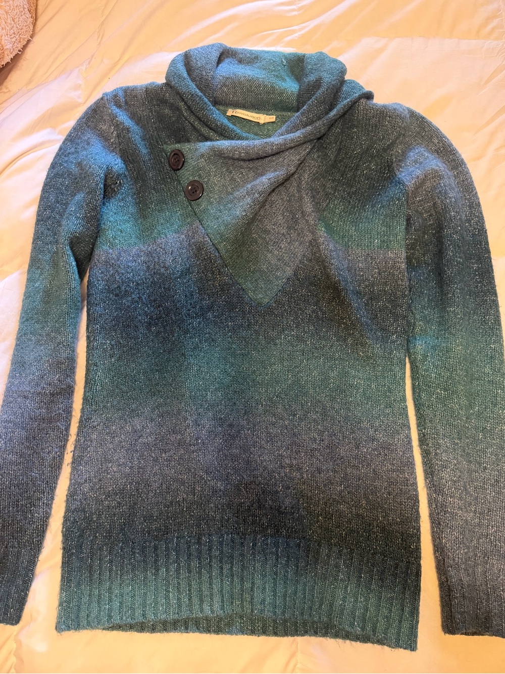 Cozy Y2K European Gradient Ombré Stripe Teal Shawl-Collar Cowl Button Sweater